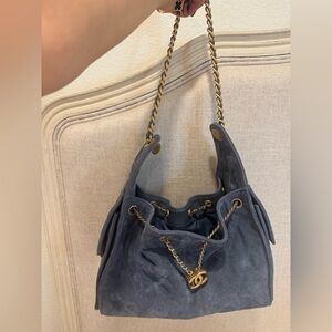 Chanel Blue Suede Bag with Gold Accents